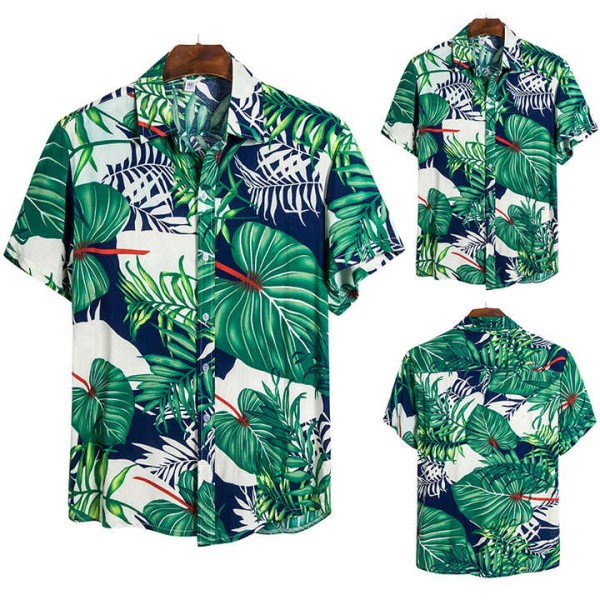 New Printed Men's Short Sleeve Shirt Top Flower Leaf Plant Button