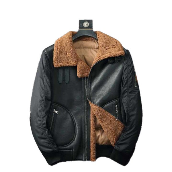 Men's Casual Sheepskin Bomber Leather Coat Winter