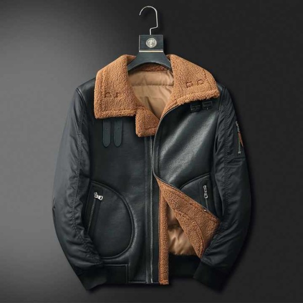 Men's Casual Sheepskin Bomber Leather Coat Winter