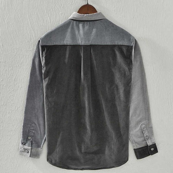 New Men's Cotton 100% Turn-down Collar Corduroy Patchwork Shirts Long Sleeve