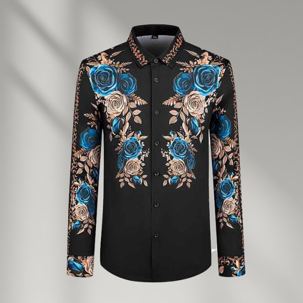 Men's Long Sleeve Floral Large Size Lapel Slim Fit Shirt