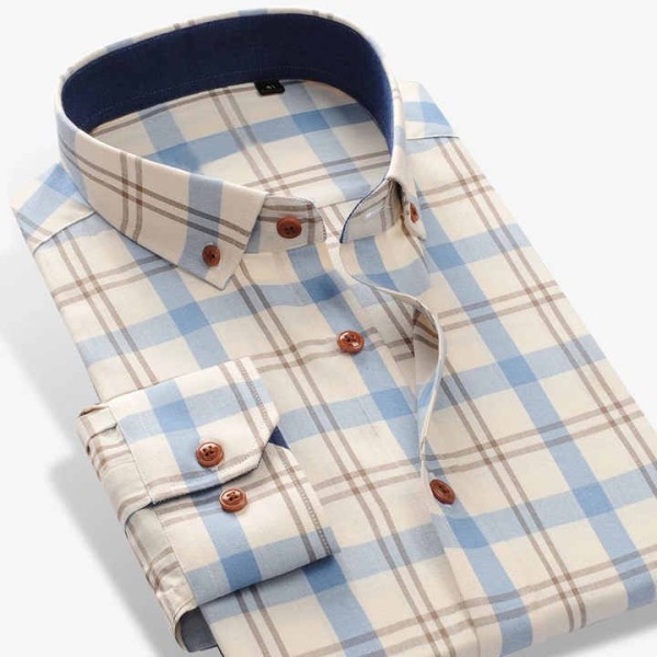 Big Size Button Down Gingham Shirts, Cotton Long S...