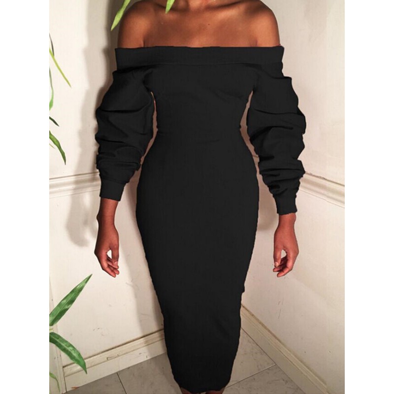 Slash Neck Slim Plain Heap Sleeve Bodycon Dress