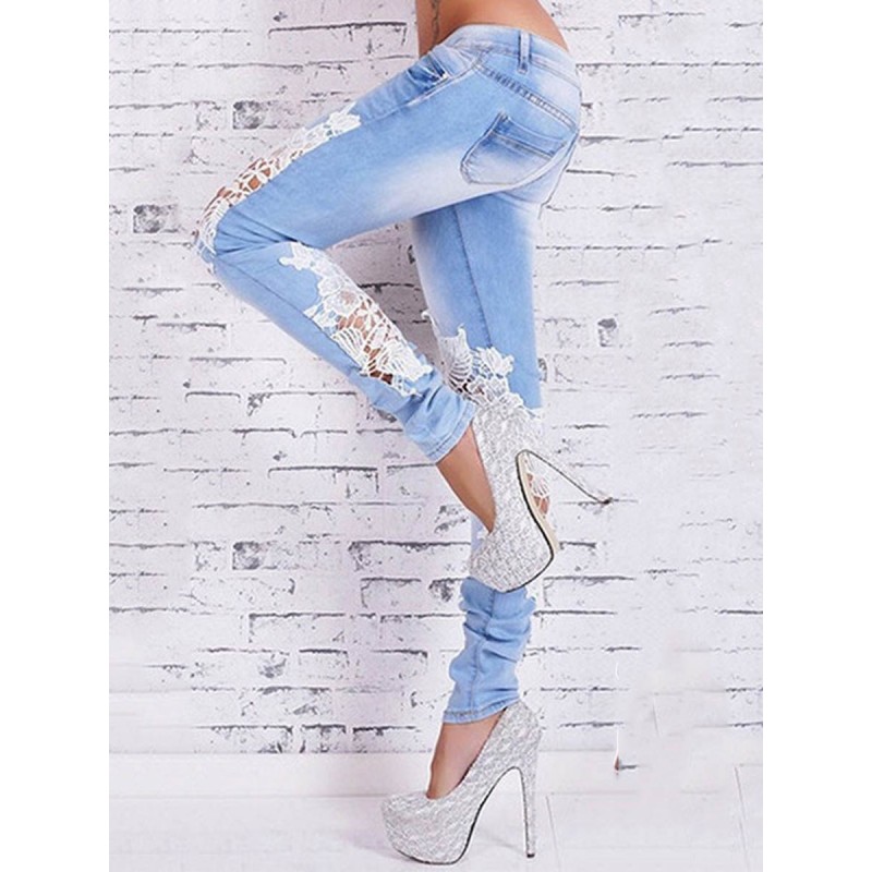 Hollow Lace Insert Button Women's Jeans