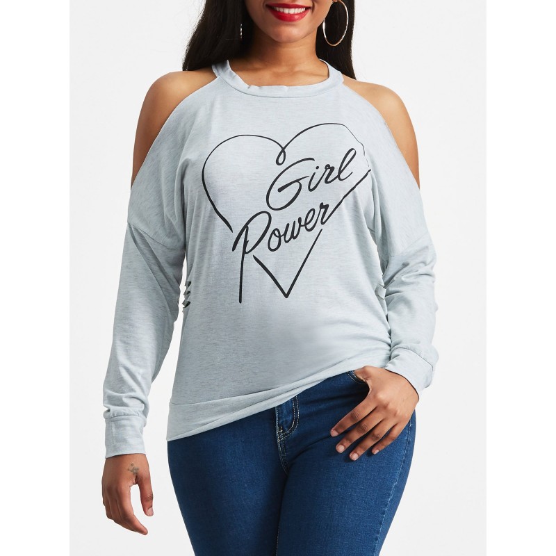 Off Shoulder Letter Printed  Long Sleeve T-shirt