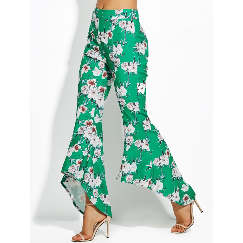 Color Block Floral Print Wide Legs Women's Pants