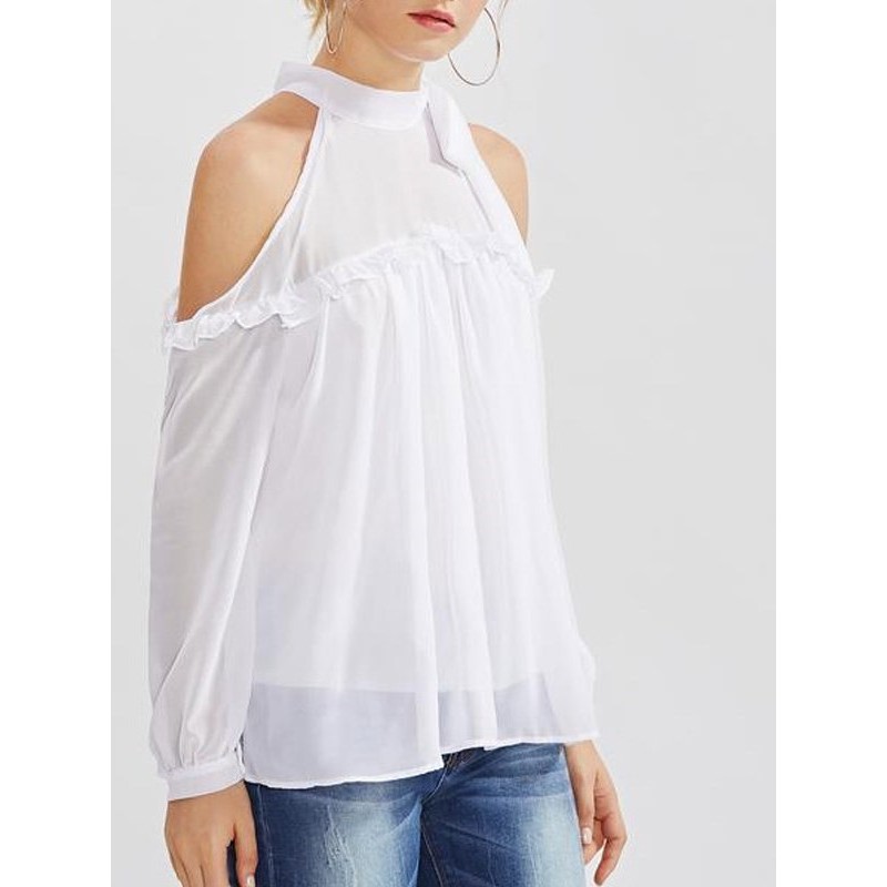 Open Shoulder Frill Trim Bow Tie Blouses