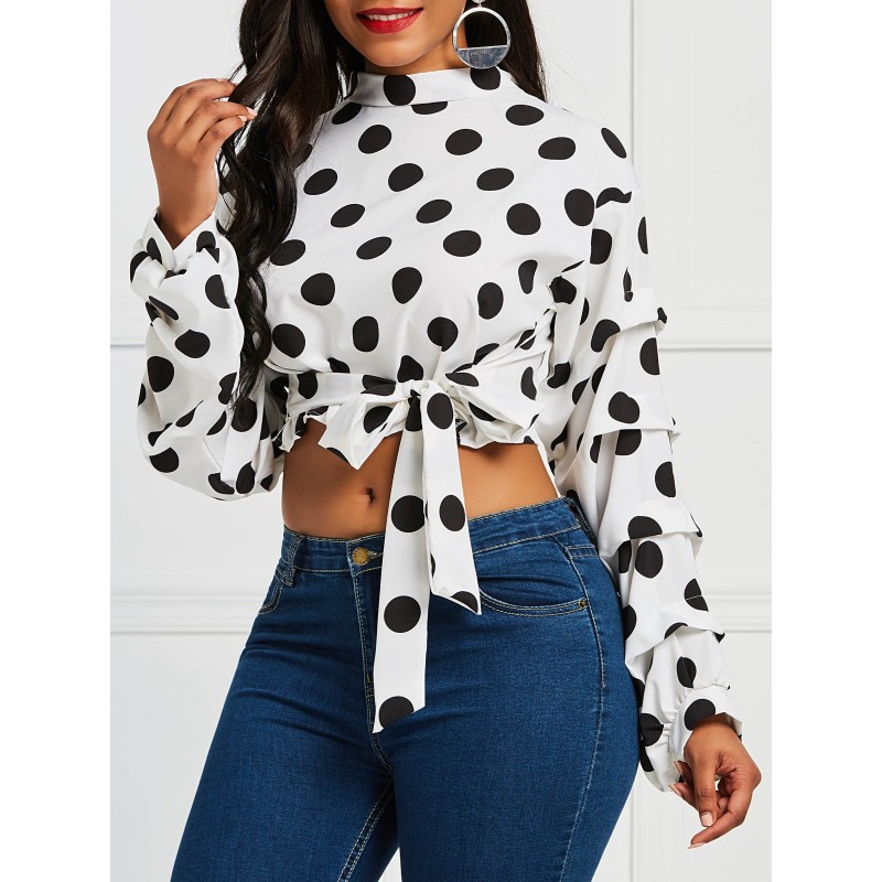 Polka Dots Lace-Up Lantern Sleeve Blouse