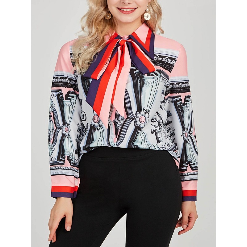 Floral Print Tie Neck Bowknot Button Women's Shirt