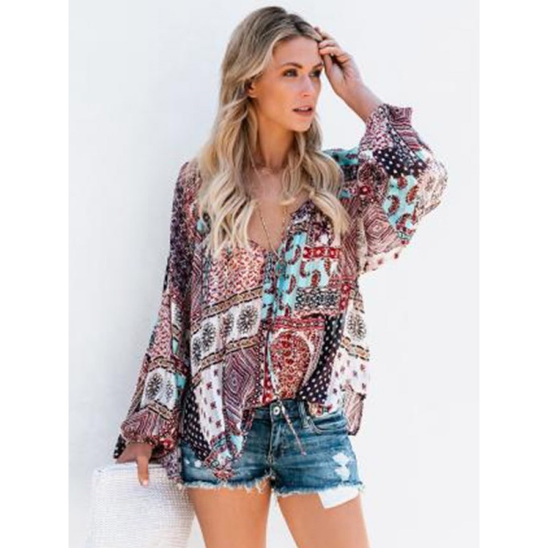 Floral Geometric Style Pullover Casual Blouse