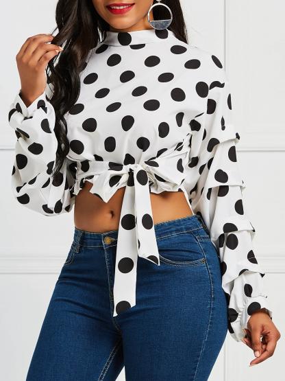 Polka Dots Lace-Up Lantern Sleeve Blouse