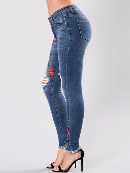 Women's Hole Embroidery High Elastic Denim Jeans