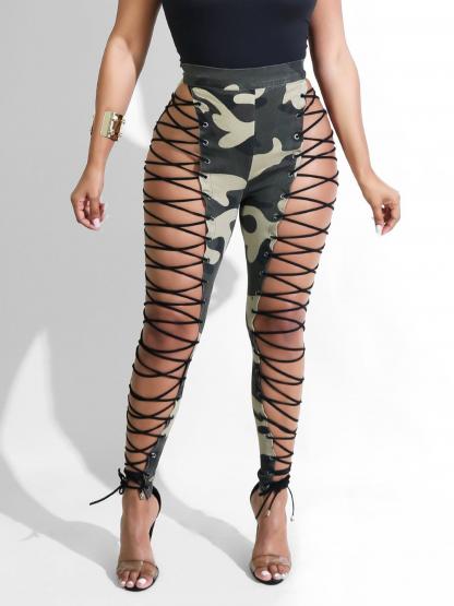 Bandage Cross Side Camouflage Women's Casual Pants