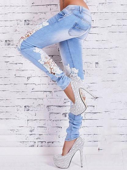 Hollow Lace Insert Button Women's Jeans