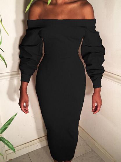 Slash Neck Slim Plain Heap Sleeve Bodycon Dress