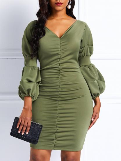 V-Neck Three-Quarter Lantern Sleeve Bodycon Dress